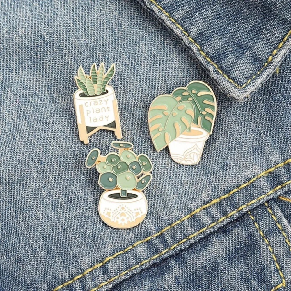 Boho Potted Snake Plant On A Stand “Crazy Plant Lady” Metal Enamel Pin Brooch - Picture 5 of 13